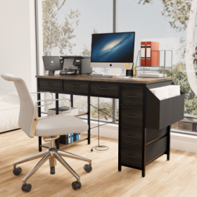 47 Computer Desk With Power Outlet,Writing Desk With 7 Fabric Drawers,Vanity Table Drawers And Large Side Pocket,Rustic Brown