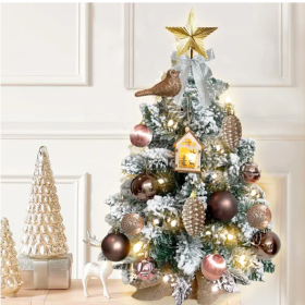 22in Mini Christmas Tree With Lights, Rose Gold Artificial Small Tabletop Christmas Tree With Flocked Snow, Exquisite Decor & Xmas Decorations For Tab