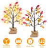 2Pcs 2FT Artificial Lighted Maple Tree With 24Pcs Warm White LED Beads 6Hrs Timer Battery Powered Artificial Fall Tree Tabletop Indoor Outdoor Fall De