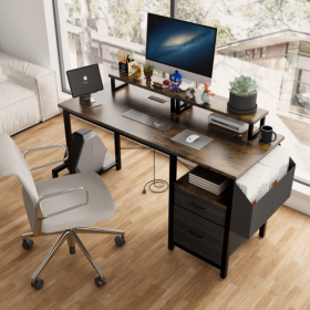 Computer Desk With Drawer And Power Outlets, 47 Office Desk With 2 Monitor Stands And Fabric File Cabinet, Writing Gaming Table With Shelves And Hooks