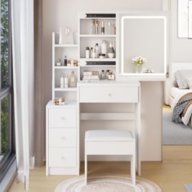 29.2 Small Size Left Bedside Cabinet Vanity Table   Cushioned Stool, Large Sliding, Touch Control, Tri Color Switching, Brightness Adjust LED Mirror,