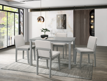 Grey Finish 5 Piece Dining Room Set Dining Table 4x Chairs Beige Fabric Chairs