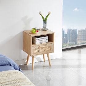 15.75  Rattan End Table With Power Outlet, USB Ports, Drawer   Solid Wood