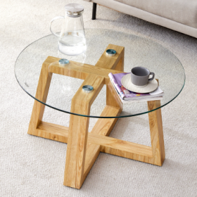 Modern Practical Circular Coffee Tables. Made Of Transparent Tempered Glass Tabletop And Wood Colored MDF Material. Suitable For Living Rooms And Bedr