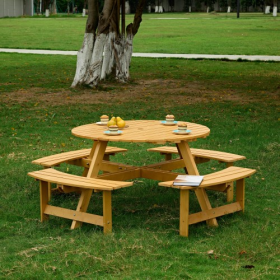 Outdoor 8 Person Picnic Table, 8 Person Round Picnic Table With 4 Built-in Benches, Umbrella Hole, Outside Table And Bench Set For Garden, Backyard, P