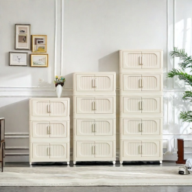 Cream White 19.69 Side Wide Folding Storage Cabinet ,3 Tiers,19.69x11.81x31.1,Collapsible Storage Bins With Magnetic Door, Plastic Storage Cabinet Wit