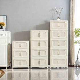 Cream White,19.69 Side Wide Folding Storage Cabinet ,5 Tiers,19.69x11.81x50.00,Collapsible Storage Bins With Magnetic Door, Plastic Storage Cabinet Wi
