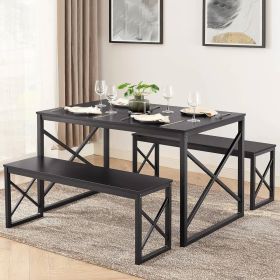 Modern Industrial Black Wood-Top Kitchen Dining Table Set with 2 Benches