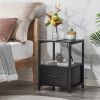 Modern Black Metal Wood Side End Table Nightstand Shelf with USB Charging Ports
