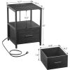 Modern Black Metal Wood Side End Table Nightstand Shelf with USB Charging Ports