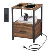 Modern Metal Wood Side End Table Nightstand Shelf with USB Charging Ports