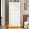 Mid-Century Wardrobe Armoire with Louver Doors Storage Drawers and Hanging Rod