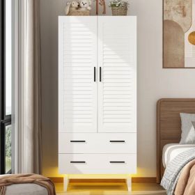 Mid-Century Wardrobe Armoire with Louver Doors Storage Drawers and Hanging Rod