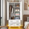 Mid-Century Wardrobe Armoire with Louver Doors Storage Drawers and Hanging Rod