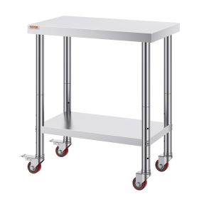 VEVOR 30x18x34 Inch Stainless Steel Work Table 3-Stage Adjustable Shelf With 4 Wheels Heavy Duty Commercial Food Prep Worktable With Brake For Kitchen