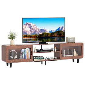 Mid Century Modern TV Stand For 55,60,65,70 Inch TV, Wood Entertainment Center With Power Outlets, Media Console With Sliding Doors And Open Shelf For