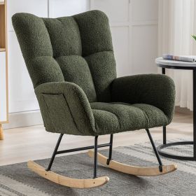 Rocking Chair With Pocket, Soft Teddy Fabric Rocking Chair For Nursery, Comfy Wingback Glider Rocker With Safe Solid Wood Base For Living Room Bedroom