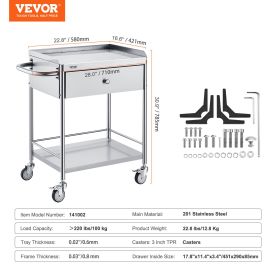 VEVOR Medical Cart, 2-Layer Stainless Steel Cart 220 Lbs Weight Capacity, Lab Utility Cart With Silent Wheels And A Drawer For Lab, Clinic, Kitchen, S