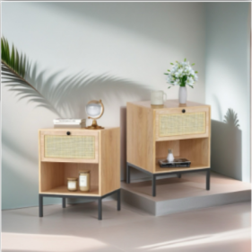 Wooden Nightstand With Woven Rattan Drawer Front - Stylish & Functional, Perfect For Home Decor