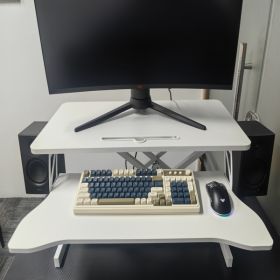 32 Inch Office Desk Converter, Height Adjustable Sit And Stand Lifter, Dual Monitor And Laptop Workstation, Bandwidth Keyboard Stand, White