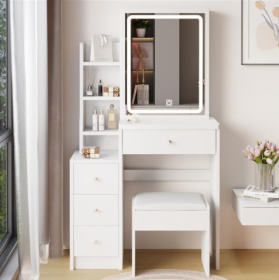 Small Size Left Bedside Table, Dressing Table With Soft Cushion Stool, Oversized Touch Sliding LED Mirror, Tri Color Switching, Adjustable Brightness,