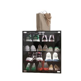 4-Layer Black Shoe Cabinet With Glass Door, LED Light Display