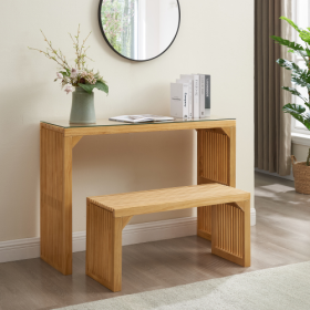 Dining Bench And Table, Pine Indoor Wood Bench For Entryway,Living Room,Kitchen And Bedroom Table And Bench Set  Nature, Long Bench  Table Tempered Gl