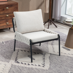 Modern Accent Lounge Chair With Braided Upholstery And Metal Frame, Comfortable Armchair For Living Room Or Bedroom, Soft Cushioned Seat And Backrest, (Color: Beige)
