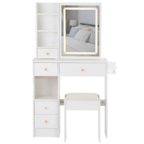29.2 Small Size Left Drawer Desktop Vanity Table  Cushioned Stool, 2 AC2 USB Power Station, Hair Dryer Bracket, Extra Large Touch Control Sliding LED (Color: White)
