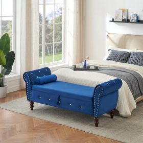 63.38Velvet Multifunctional Storage Rectangular Ottoman Bench Comes With Crystal Buckle Solid Wood Legs With 1 Pillow (Color: Blue)