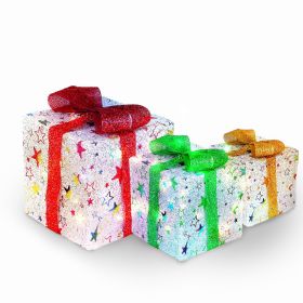 Set of 3 Christmas Lighted Gift Boxes Xmas Present Ornament 50 LED Christmas Box Decorations with Ribbon Bows IP44 Waterproof Battery Powered for Indo (Option: 3PcLightedGiftBoxStar)