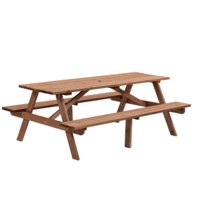 8 Person Brown Wooden Picnic Table, Outdoor Camping Dining Table With 2 Seats, Garden, DIY With 2 Built-in Benches, 2220lb Capacity (Color: Brown)
