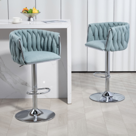 360 Fabric Cover Swivel Bar Stools Set Of 2, Adjustable Counter Height Bar Chairs With Woven Back & Footrest, Silver Chromed Bar Stools For Kitchen Is (Color: Blue)