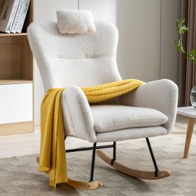 35.5 Inch Rocking Chair With Pocket, Soft Teddy Fabric Rocking Chair For Nursery, Comfy Wingback Glider Rocker With Safe Solid Wood Base For Living Ro (Color: White)