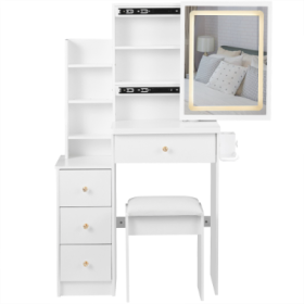 29.2 Small Size Left Bedside Cabinet Vanity Table   Cushioned Stool, 2 AC  2 USB Power Station, Hair Dryer Bracket  Extra Large Touch Control Sliding (Color: White)
