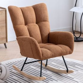 Rocking Chair With Pocket, Soft Teddy Fabric Rocking Chair For Nursery, Comfy Wingback Golider Rocking Chair With Safe Solid Wood Base For Living Room (Color: Brown)
