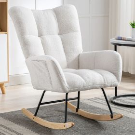 Rocking Chair With Pocket, Soft Teddy Fabric Rocking Chair For Nursery, Comfy Wingback Golider Rocking Chair With Safe Solid Wood Base For Living Room (Color: White)