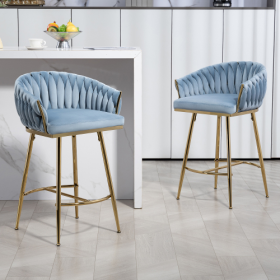 26 Counter Height Bar Stools Velvet Kitchen Island Counter Bar Stool With Hand- Wave Back,golden Chromed Base And Footrest (Color: Blue)