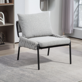 Modern Accent Lounge Chair With Braided Upholstery And Metal Frame, Comfortable Armchair For Living Room Or Bedroom, Soft Cushioned Seat And Backrest, (Color: Grey)