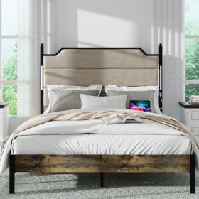 Queen Size Bed Frame With Upholstered Headboard , Queen Bed Frame With Charging Station And LED Lights, Wood Slats, Easy Assembly,No Box Spring Needed (Option: King)