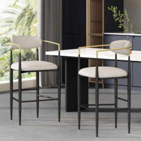 Barstools Set Of 2, Counter Height Upholstered Bar Stools With Back For Kitchen Island, Beige Faux PU Leather Seating Black Iron Legs 260LBS Weight Ca (Color: Beige)