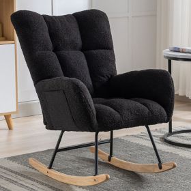 Rocking Chair With Pocket, Soft Teddy Fabric Rocking Chair For Nursery, Comfy Wingback Golider Rocking Chair With Safe Solid Wood Base For Living Room (Color: Black)