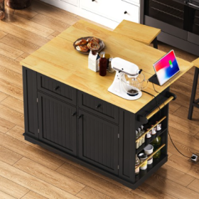 Large Kitchen Island With 2 Bar Stools, Power Outlet, Door Internal Storage Rack, Kitchen Storage Cart On 5 Wheels With Drop Leaf, 5 Open Side Racks, (Option: Black-Single Kitchen Island)