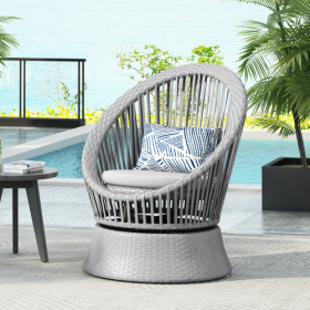 26.7 Modern Gray Wicker Lounge Chair With Rattan And Iron Frame, Featuring A Stylish Round Design, Perfect For Living Room, Patio, Or Balcony Relaxati (Option: Silver grey)