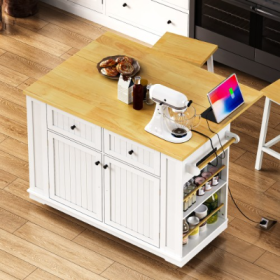 Large Kitchen Island With 2 Bar Stools, Power Outlet, Door Internal Storage Rack, Kitchen Storage Cart On 5 Wheels With Drop Leaf, 5 Open Side Racks, (Option: White-Single Kitchen Island)