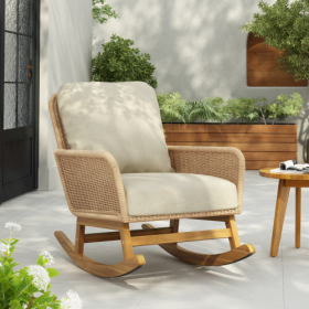 Contemporary Minimalist Ivory Wicker Rocking Chair With Soft Polyester Cushions And Durable Wooden Frame, Perfect For Indoor And Outdoor Spaces Like P (Option: Beige-1PCS)