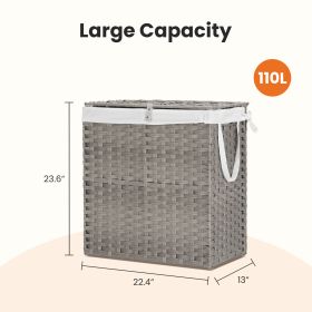 Laundry Basket With Lid, 110 L Hand-Woven Pp Rattan Laundry Basket With Compartments & Handles, Foldable, Removable Liner (Option: Gray110L)