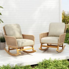 Contemporary Minimalist Ivory Wicker Rocking Chair With Soft Polyester Cushions And Durable Wooden Frame, Perfect For Indoor And Outdoor Spaces Like P (Option: Beige-2PCS)